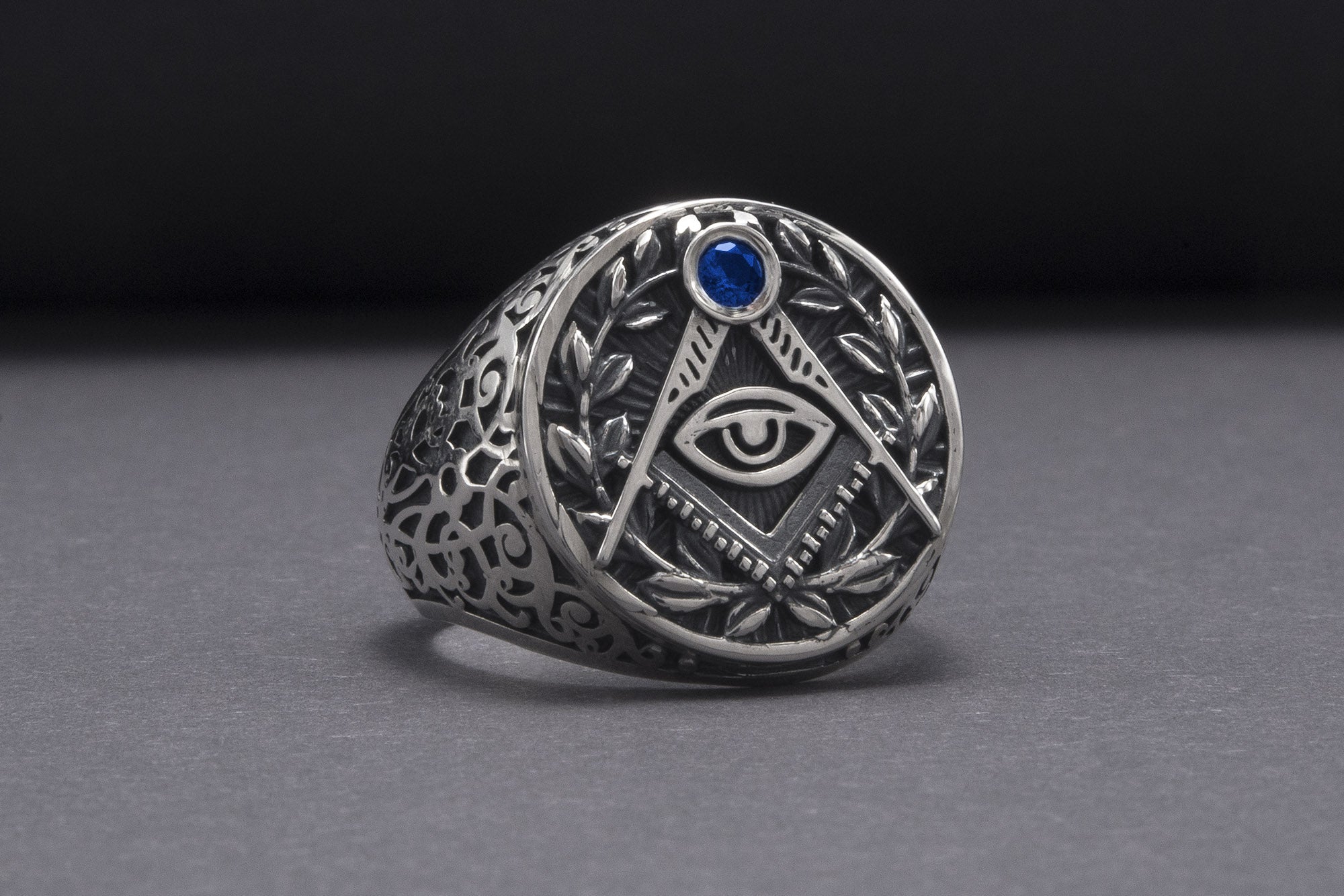 Handmade Ring with Blue Gem And Masonic Symbol, Sterling Silver Jewelry - vikingworkshop