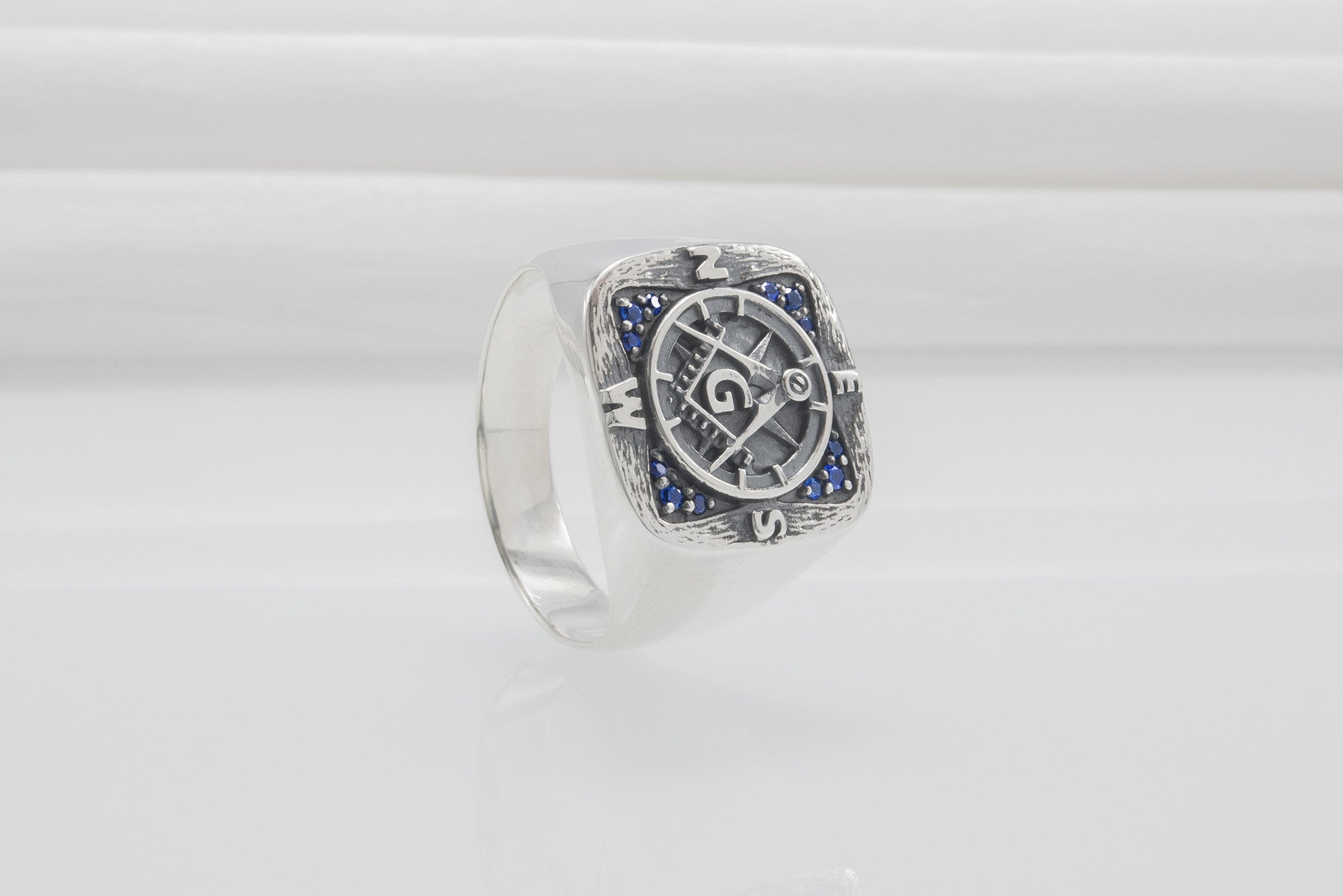 Unique Masonic 925 Silver Ring With Compasses And Gems, Handmade Jewelry - vikingworkshop