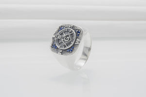 Unique Masonic 925 Silver Ring With Compasses And Gems, Handmade Jewelry - vikingworkshop