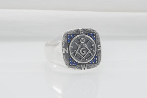 Unique Masonic 925 Silver Ring With Compasses And Gems, Handmade Jewelry - vikingworkshop