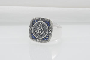 Unique Masonic 925 Silver Ring With Compasses And Gems, Handmade Jewelry - vikingworkshop