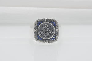 Unique Masonic 925 Silver Ring With Compasses And Gems, Handmade Jewelry - vikingworkshop