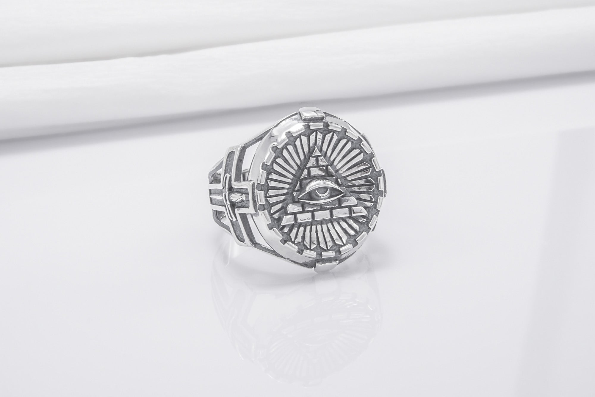 Sterling Silver Ring With Masonic Eye And Tyler Sword, Handmade Jewelry - vikingworkshop