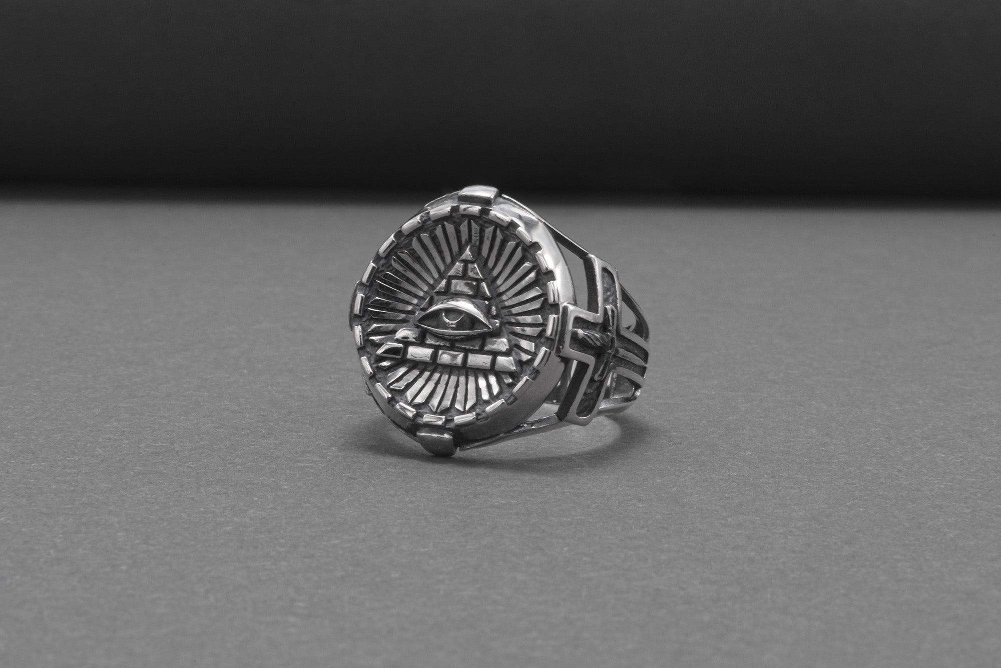 Sterling Silver Ring With Masonic Eye And Tyler Sword, Handmade Jewelry - vikingworkshop