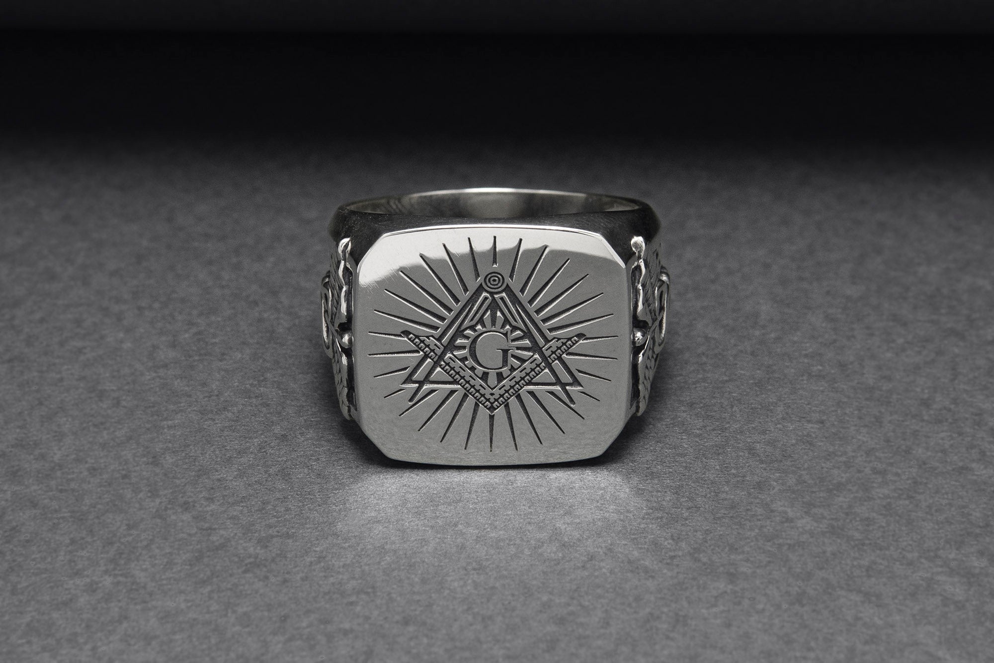 925 Silver Masonic Square Ring with Staff of Hermes, Handmade Mason Jewelry - vikingworkshop