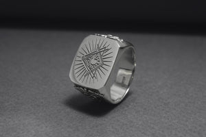 925 Silver Masonic Square Ring with Staff of Hermes, Handmade Mason Jewelry - vikingworkshop