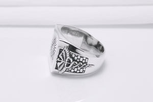 925 Silver Masonic Square Ring with Staff of Hermes, Handmade Mason Jewelry - vikingworkshop