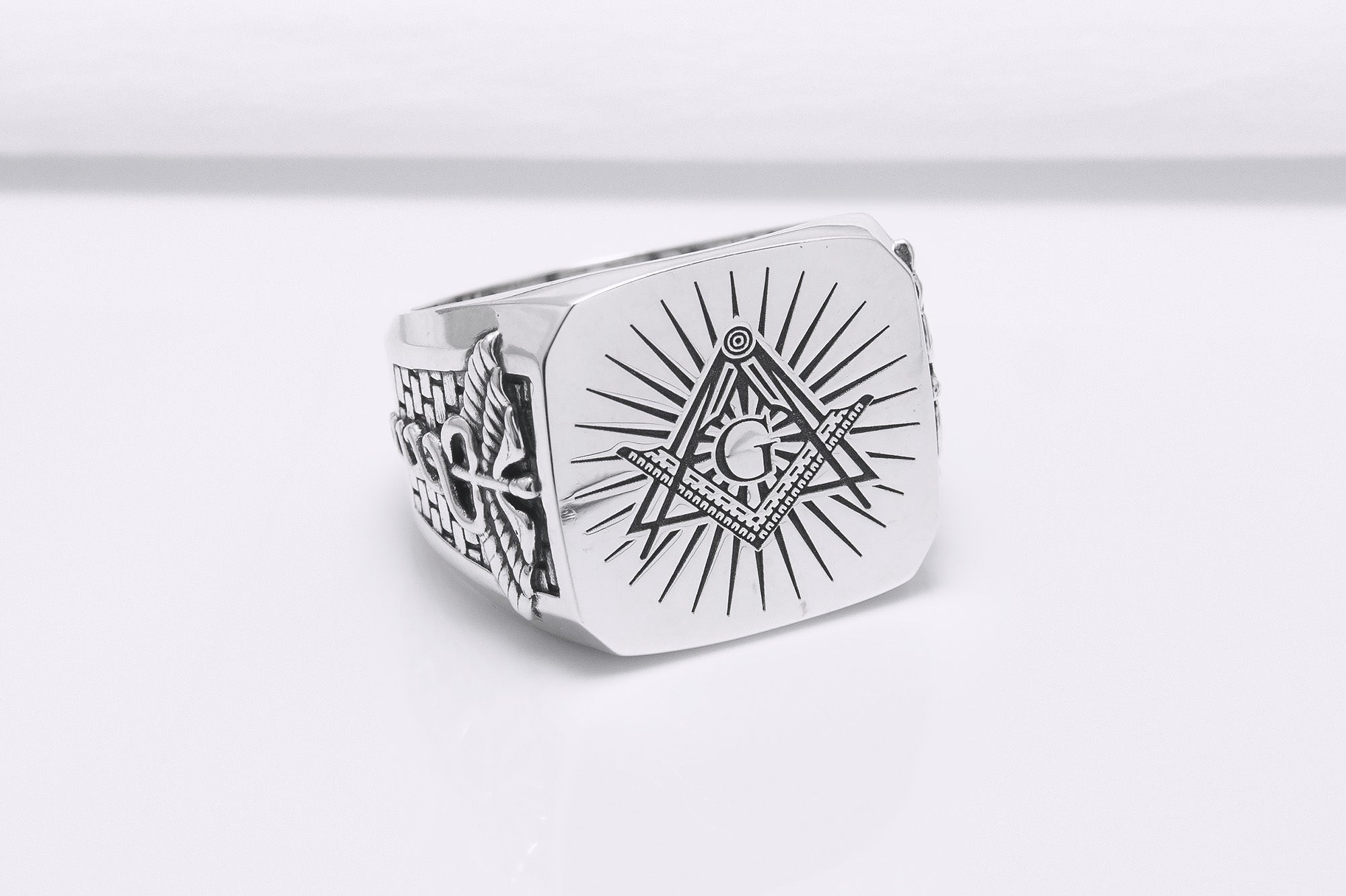 925 Silver Masonic Square Ring with Staff of Hermes, Handmade Mason Jewelry - vikingworkshop