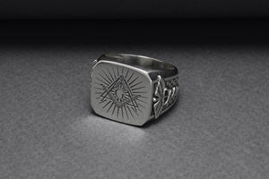 925 Silver Masonic Square Ring with Staff of Hermes, Handmade Mason Jewelry - vikingworkshop