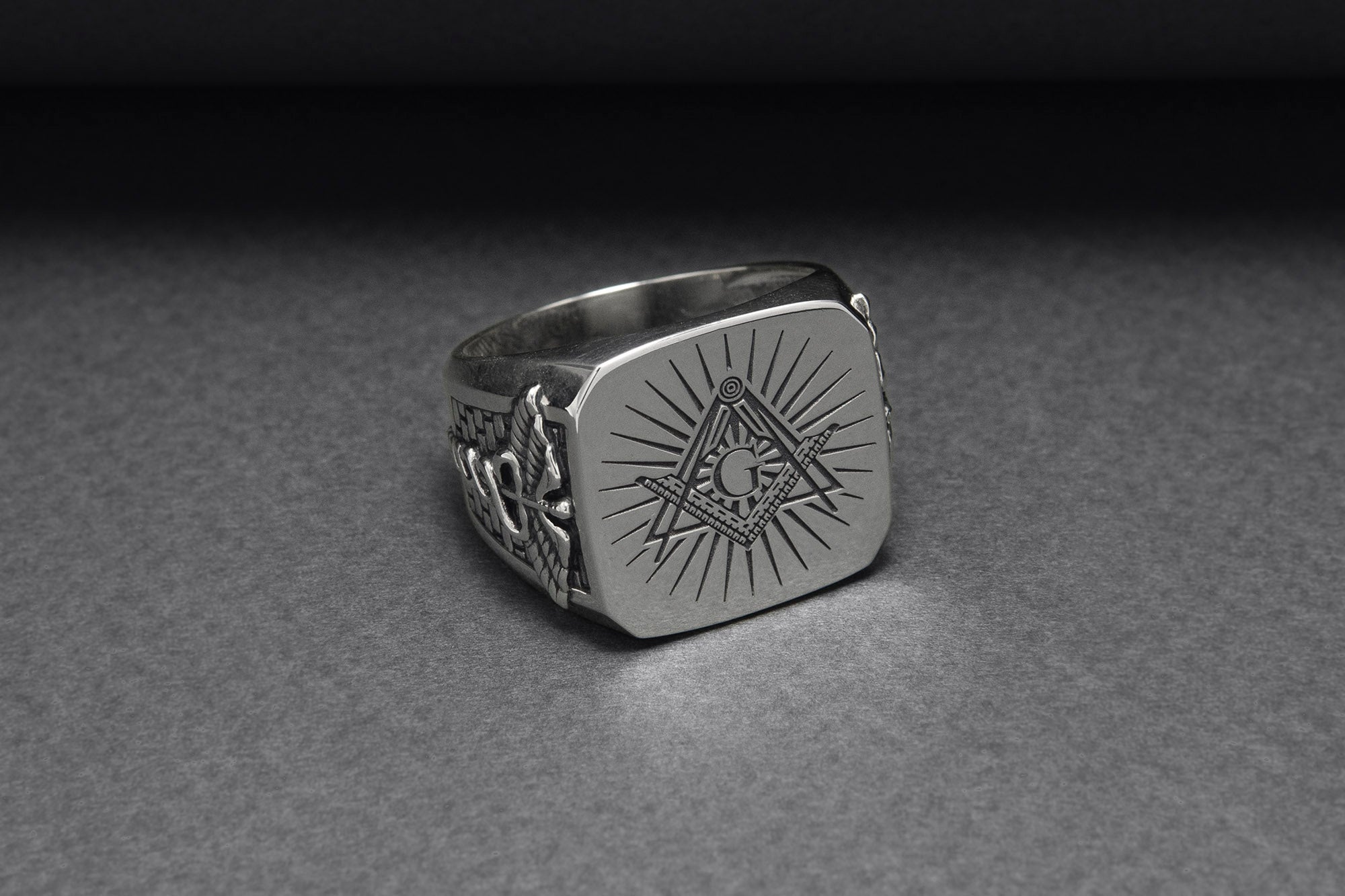 925 Silver Masonic Square Ring with Staff of Hermes, Handmade Mason Jewelry - vikingworkshop