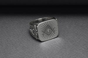 925 Silver Masonic Square Ring with Staff of Hermes, Handmade Mason Jewelry - vikingworkshop