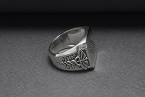 925 Silver Masonic Square Ring with Staff of Hermes, Handmade Mason Jewelry - vikingworkshop