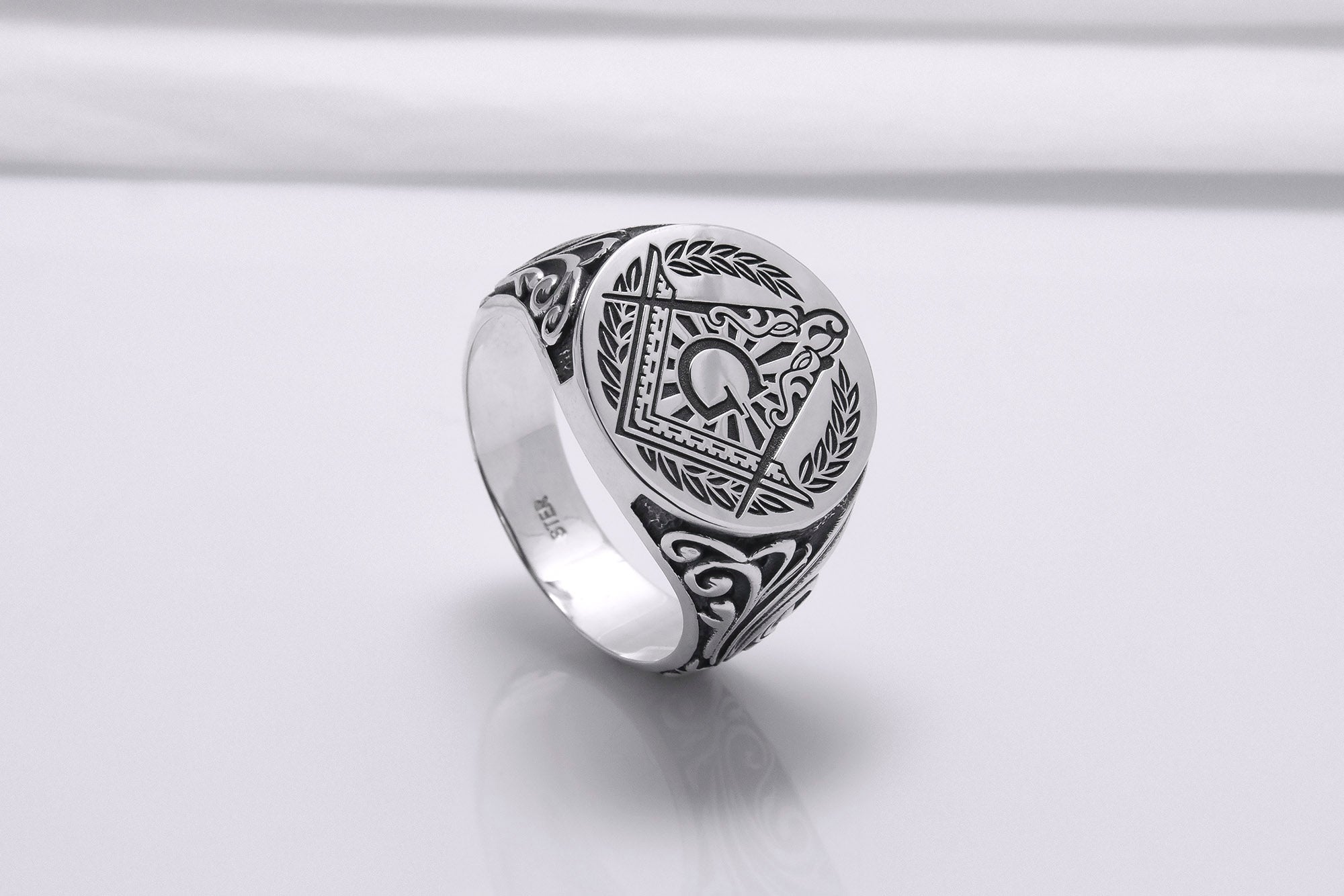 925 Silver Masonic Square Signet Ring with Ornament, Handmade Mason Jewelry