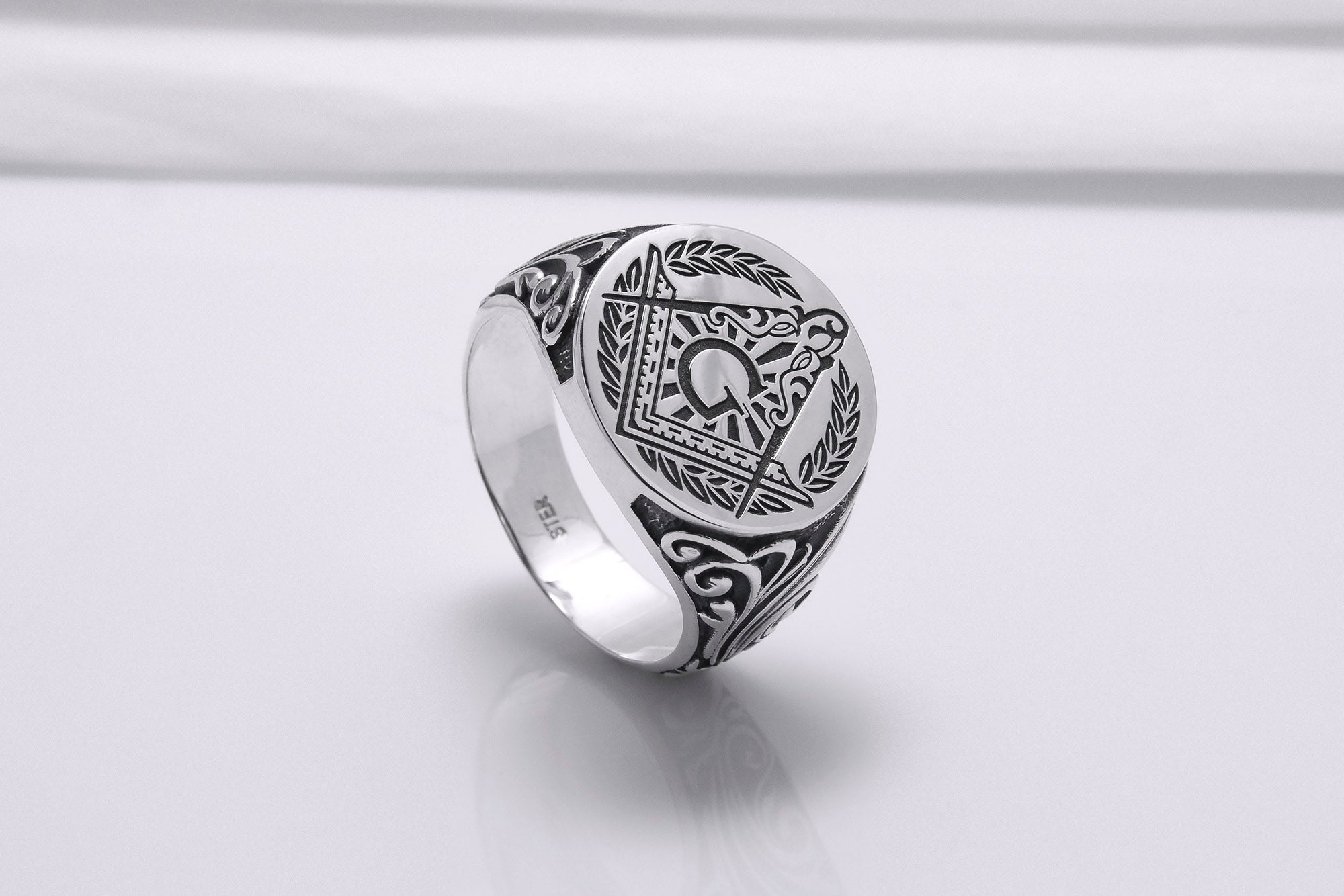 925 Silver Masonic Square Signet Ring with Ornament, Handmade Mason Jewelry - vikingworkshop