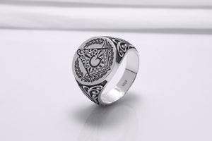 925 Silver Masonic Square Signet Ring with Ornament, Handmade Mason Jewelry - vikingworkshop