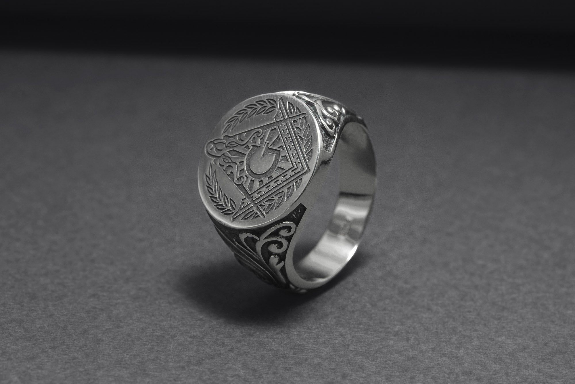 925 Silver Masonic Square Signet Ring with Ornament, Handmade Mason Jewelry - vikingworkshop