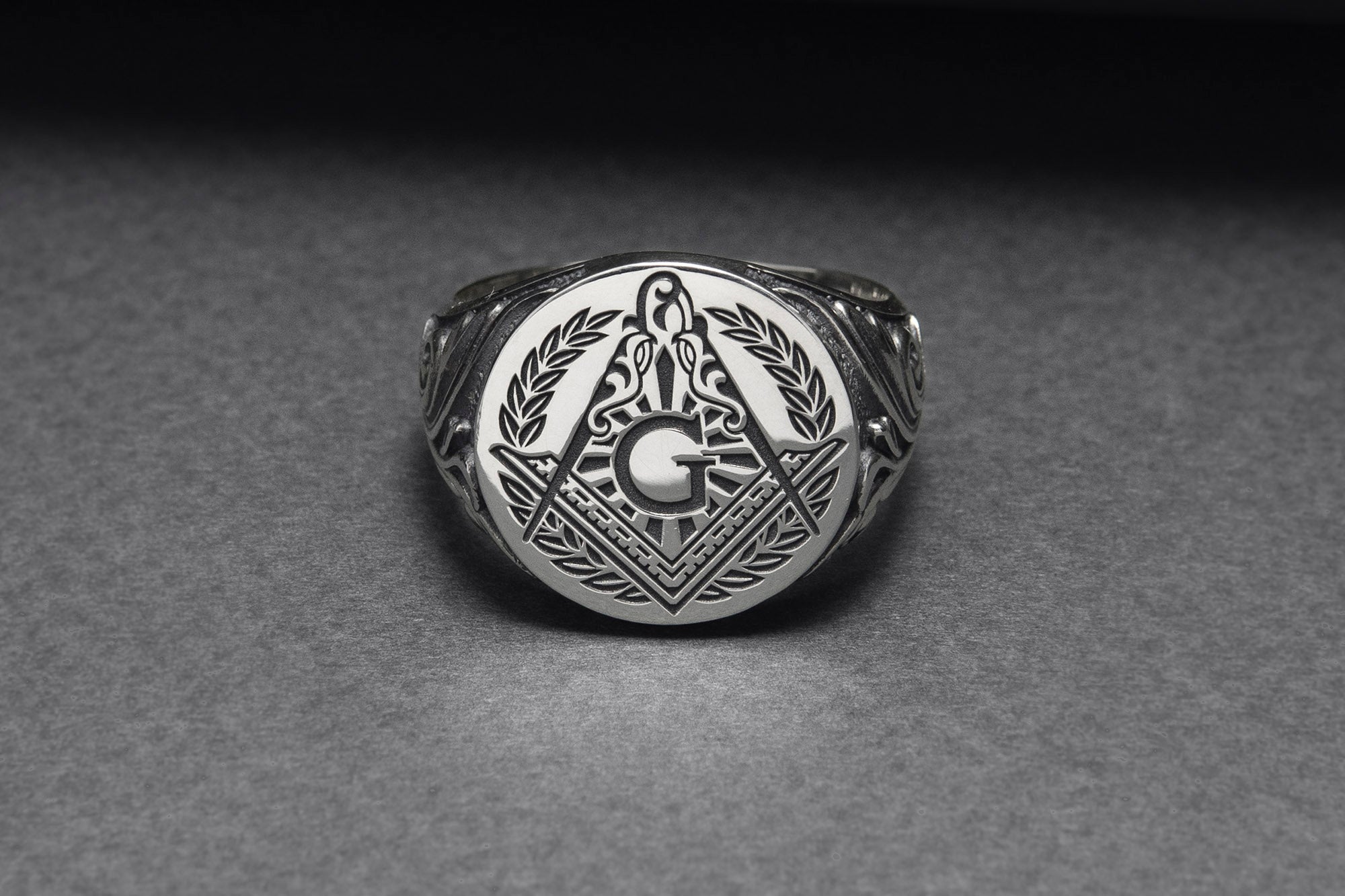 925 Silver Masonic Square Signet Ring with Ornament, Handmade Mason Jewelry
