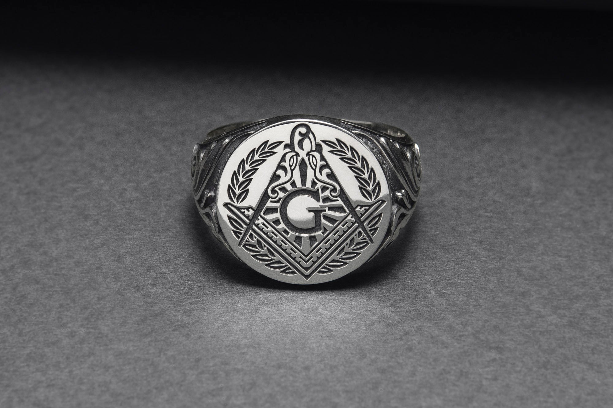 925 Silver Masonic Square Signet Ring with Ornament, Handmade Mason Jewelry - vikingworkshop