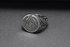 925 Silver Masonic Square Signet Ring with Ornament, Handmade Mason Jewelry - vikingworkshop