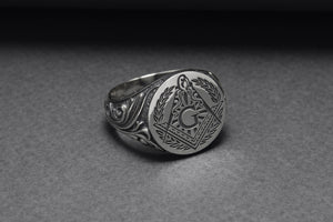 925 Silver Masonic Square Signet Ring with Ornament, Handmade Mason Jewelry - vikingworkshop