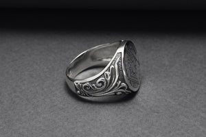 925 Silver Masonic Square Signet Ring with Ornament, Handmade Mason Jewelry - vikingworkshop