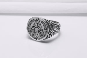 925 Silver Masonic Square Signet Ring with Ornament, Handmade Mason Jewelry - vikingworkshop