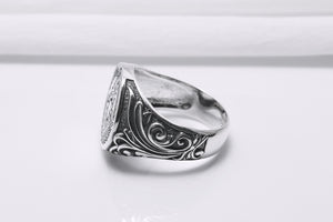 925 Silver Masonic Square Signet Ring with Ornament, Handmade Mason Jewelry - vikingworkshop