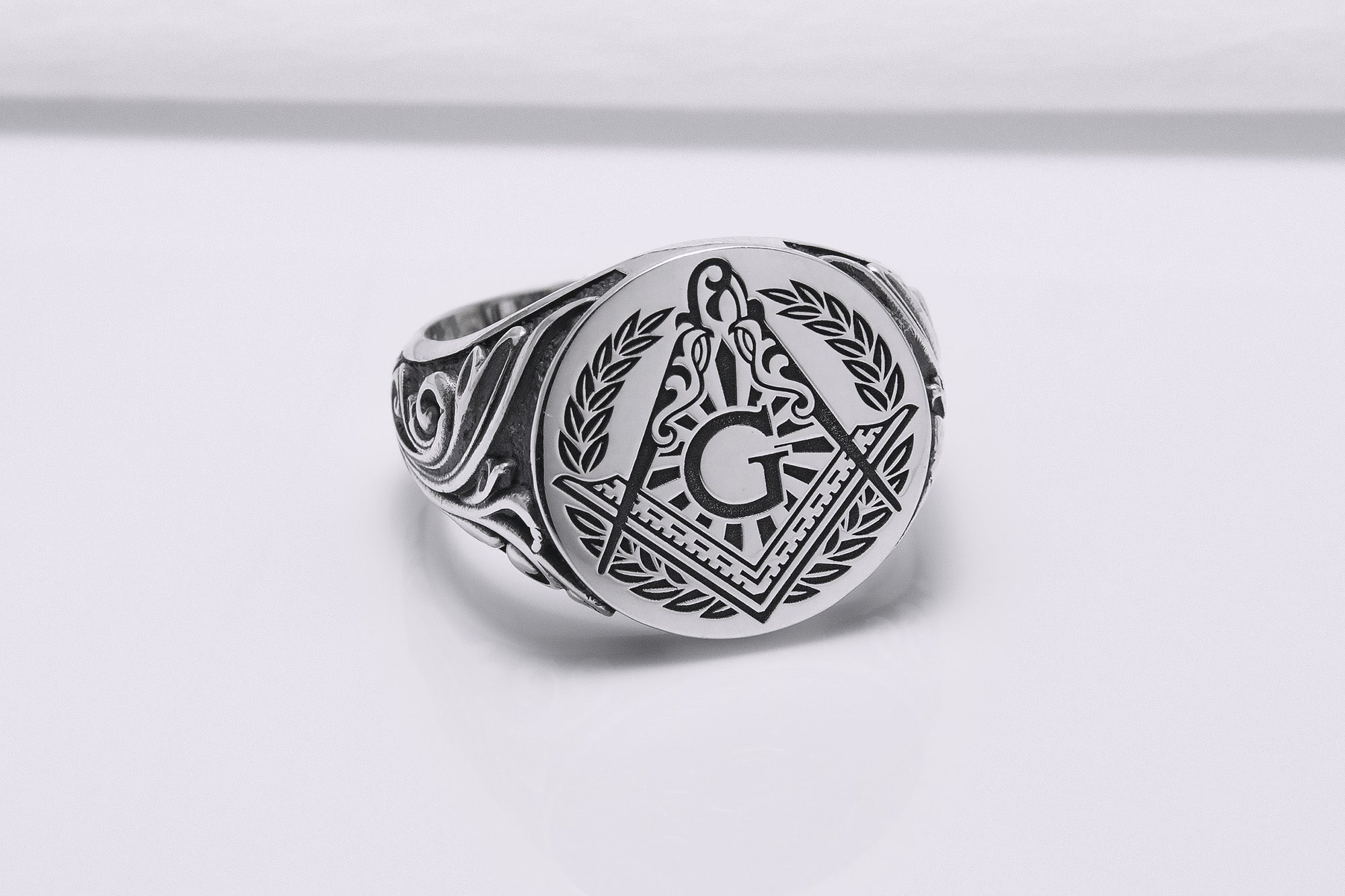 925 Silver Masonic Square Signet Ring with Ornament, Handmade Mason Jewelry - vikingworkshop