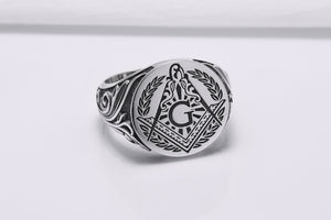 925 Silver Masonic Square Signet Ring with Ornament, Handmade Mason Jewelry - vikingworkshop