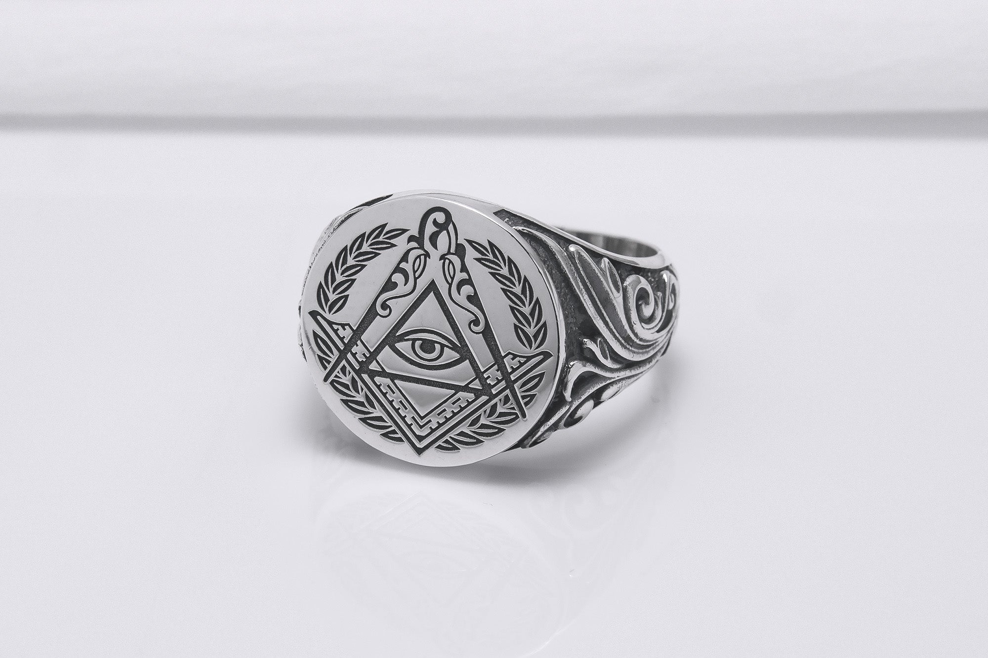 Sterling Silver Masonic Square and Compasses Signet Ring, Handmade Mason Jewelry