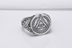 Sterling Silver Masonic Square and Compasses Signet Ring, Handmade Mason Jewelry - vikingworkshop