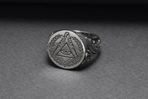 Sterling Silver Masonic Square and Compasses Signet Ring, Handmade Mason Jewelry - vikingworkshop