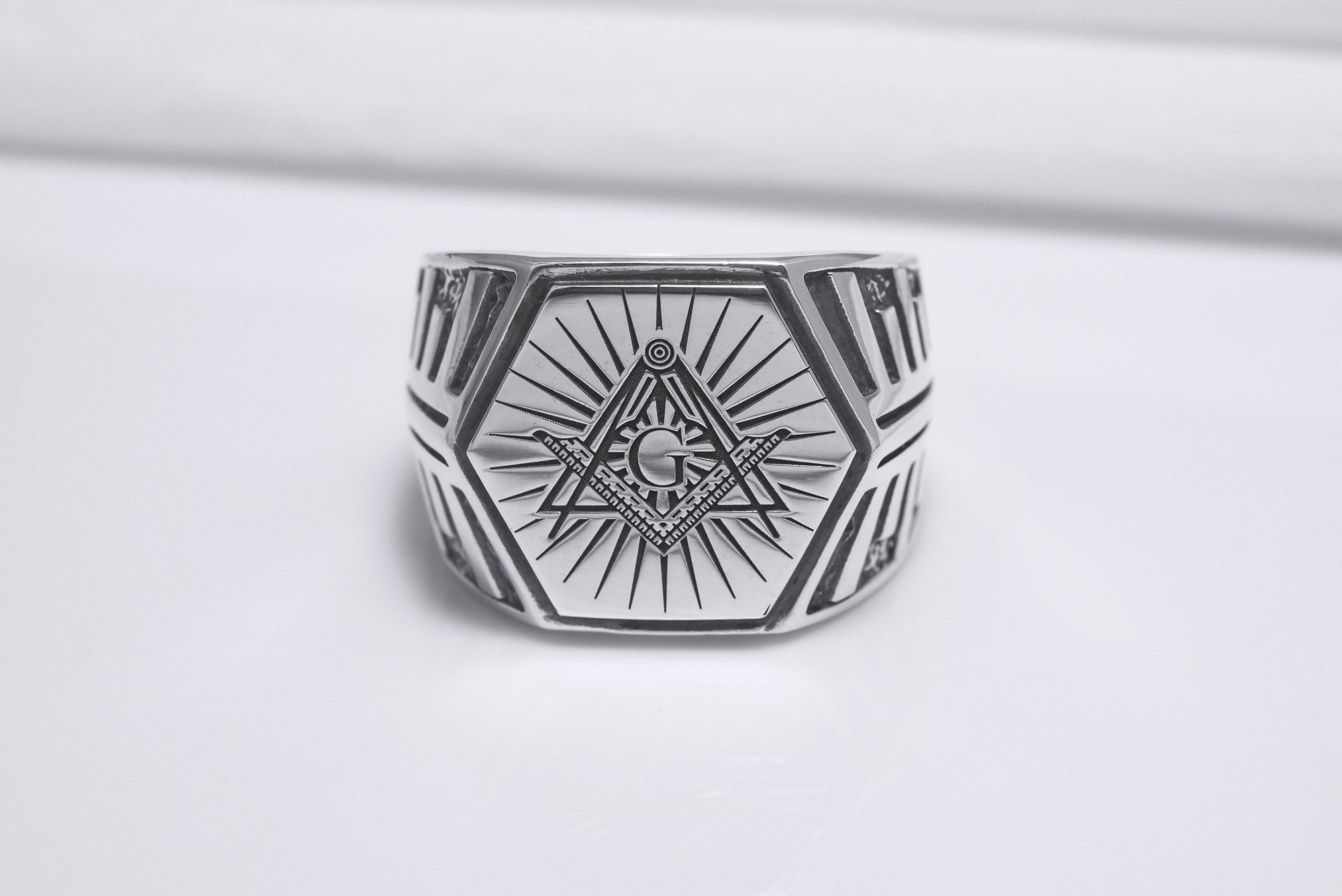 Sterling Silver Hexahedron Square and Compasses Signet Ring, Handmade Mason Jewelry - vikingworkshop