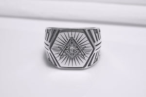 Sterling Silver Hexahedron Square and Compasses Signet Ring, Handmade Mason Jewelry - vikingworkshop