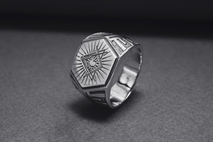 Sterling Silver Hexahedron Square and Compasses Signet Ring, Handmade Mason Jewelry - vikingworkshop