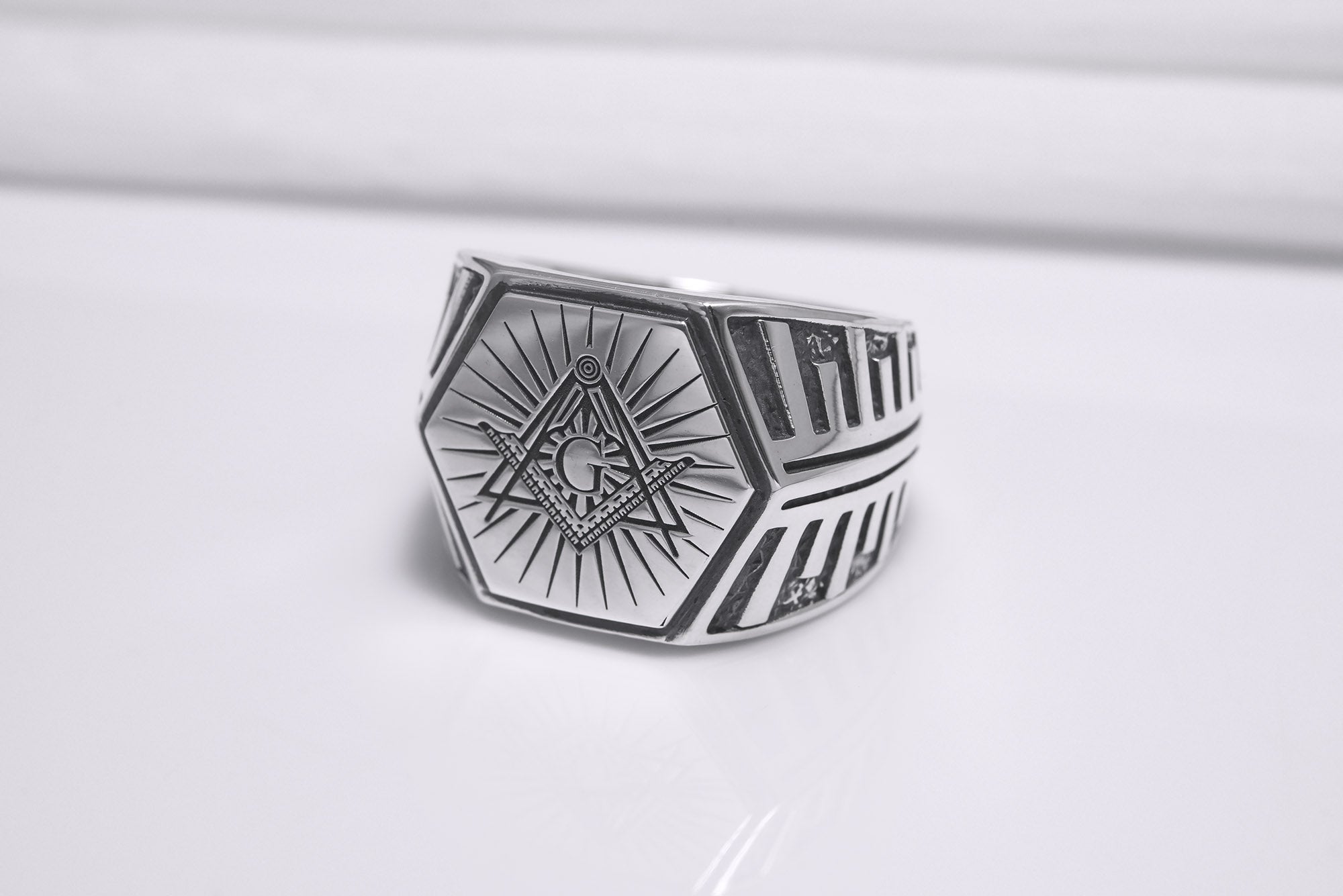 Sterling Silver Hexahedron Square and Compasses Signet Ring, Handmade Mason Jewelry