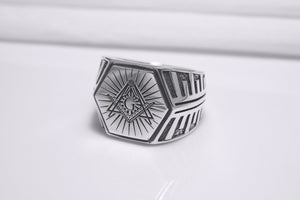 Sterling Silver Hexahedron Square and Compasses Signet Ring, Handmade Mason Jewelry - vikingworkshop