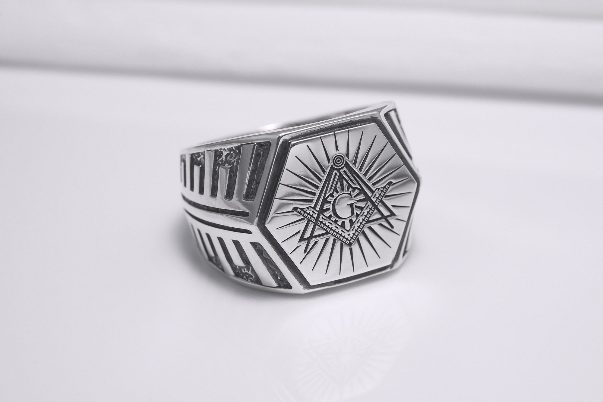 Sterling Silver Hexahedron Square and Compasses Signet Ring, Handmade Mason Jewelry - vikingworkshop