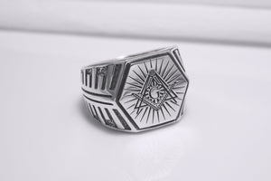 Sterling Silver Hexahedron Square and Compasses Signet Ring, Handmade Mason Jewelry - vikingworkshop