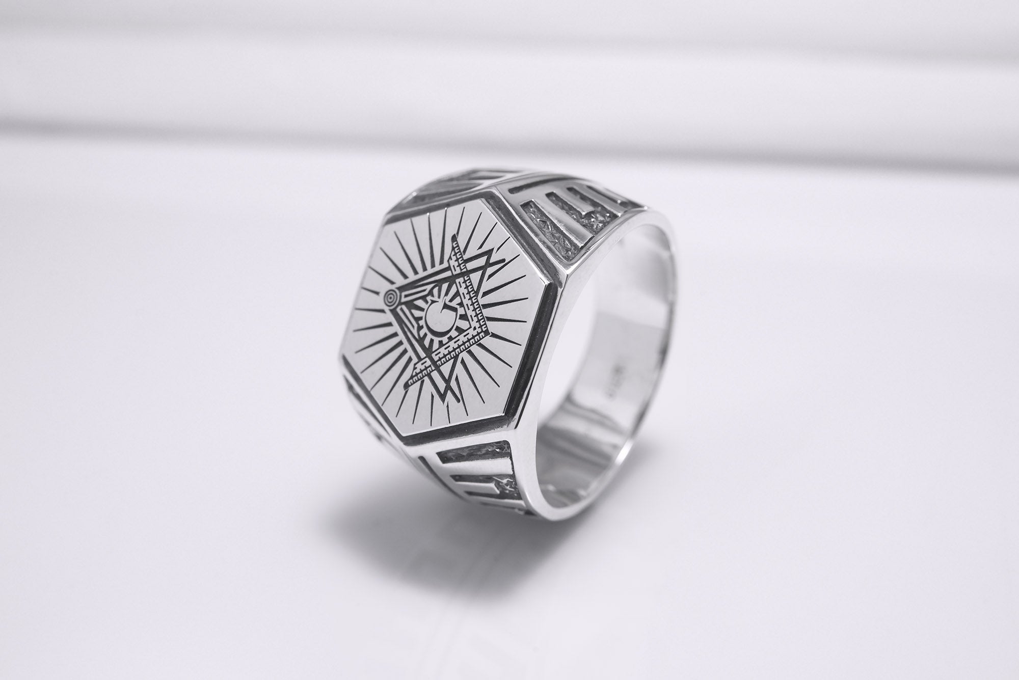 Sterling Silver Hexahedron Square and Compasses Signet Ring, Handmade Mason Jewelry - vikingworkshop