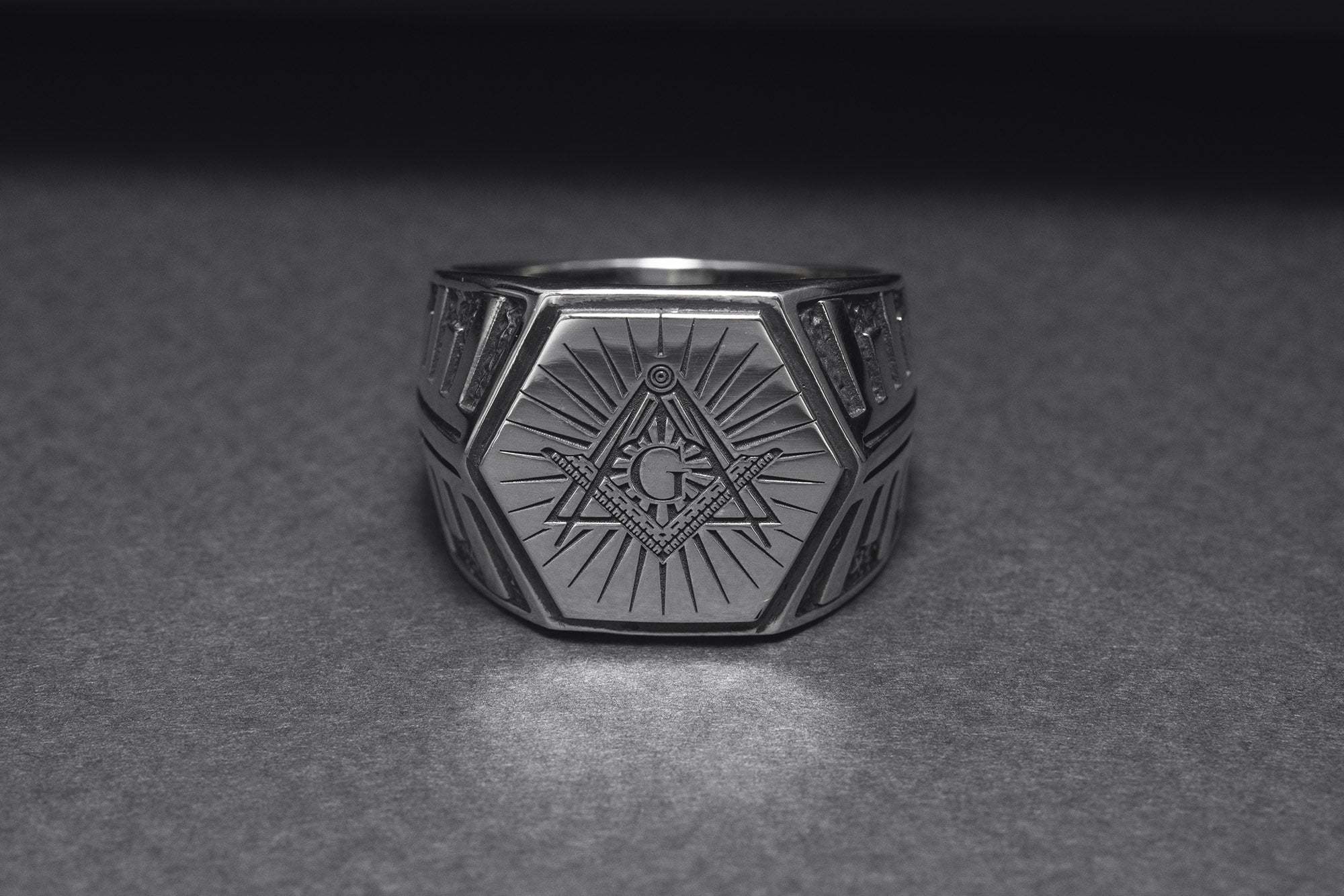 Sterling Silver Hexahedron Square and Compasses Signet Ring, Handmade Mason Jewelry - vikingworkshop