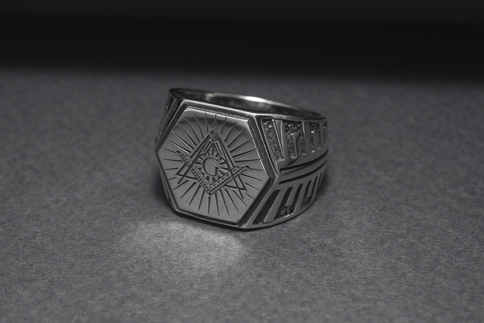 Sterling Silver Hexahedron Square and Compasses Signet Ring, Handmade Mason Jewelry - vikingworkshop