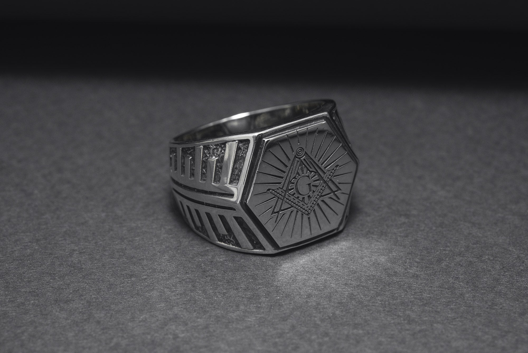 Sterling Silver Hexahedron Square and Compasses Signet Ring, Handmade Mason Jewelry - vikingworkshop