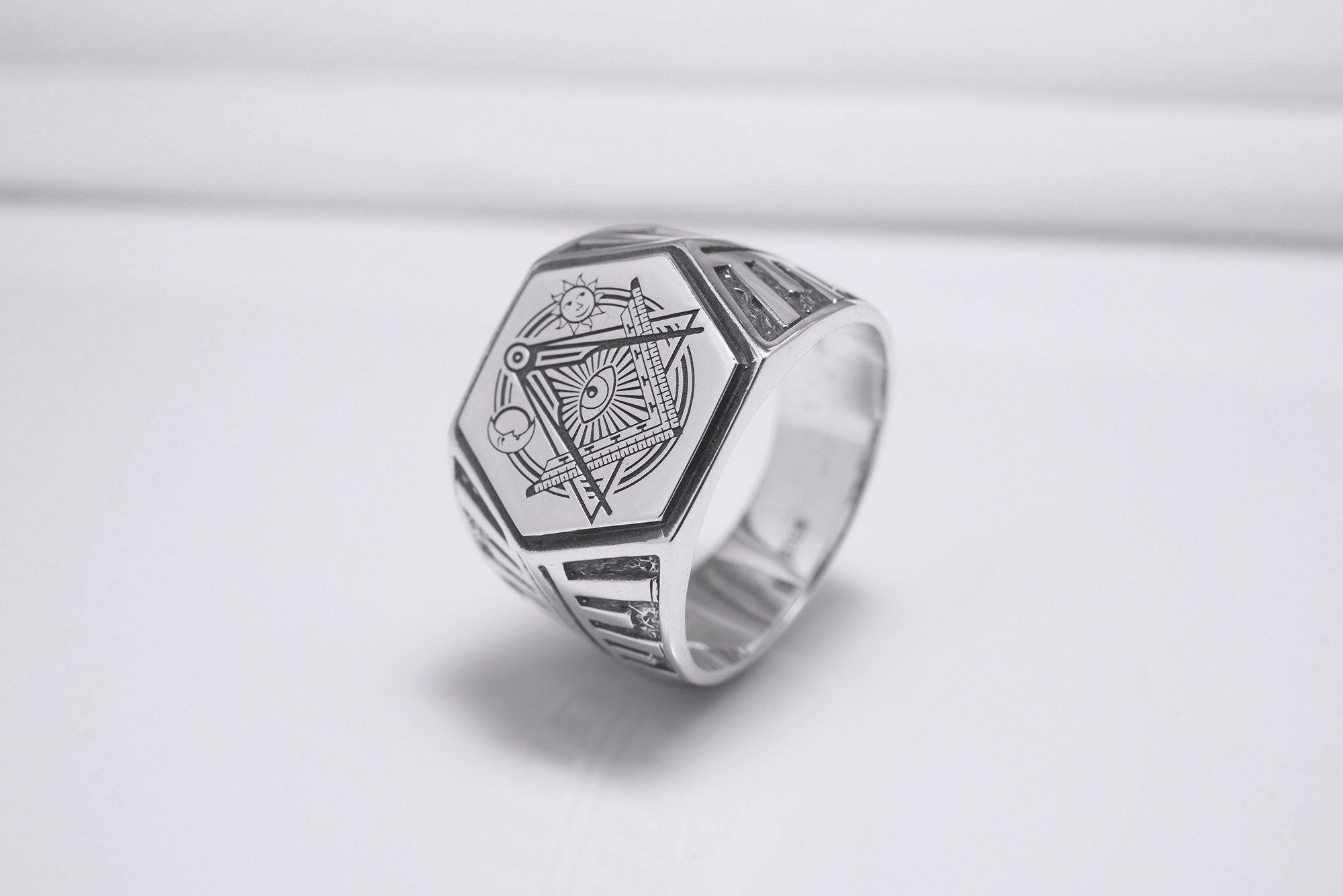 925 Silver Hexahedron Square and Compasses Signet Ring with Moon and Sun, Handmade Mason Jewelry