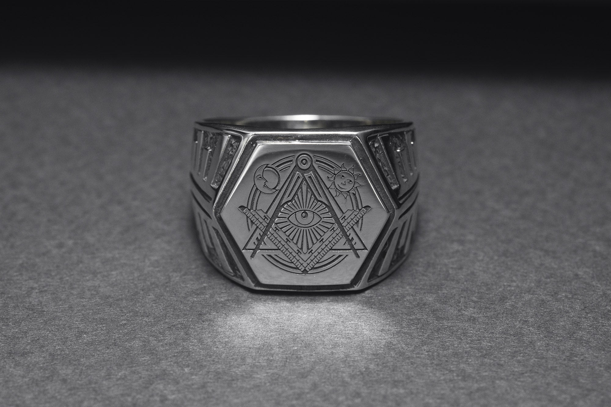 925 Silver Hexahedron Square and Compasses Signet Ring with Moon and Sun, Handmade Mason Jewelry