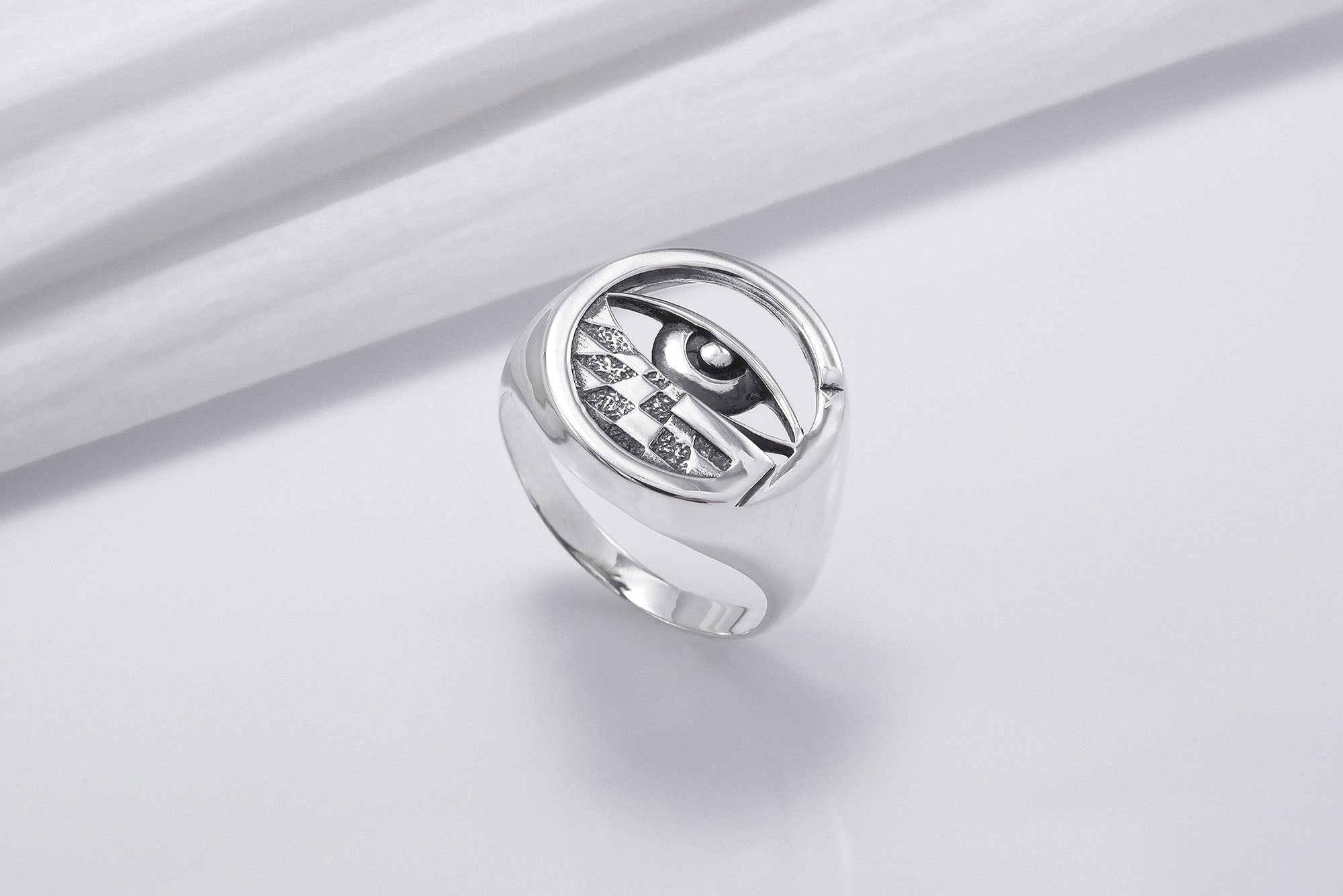 Sterling Silver All Seeing Eye Signet Ring with Chess Board, Handmade Mason Jewelry
