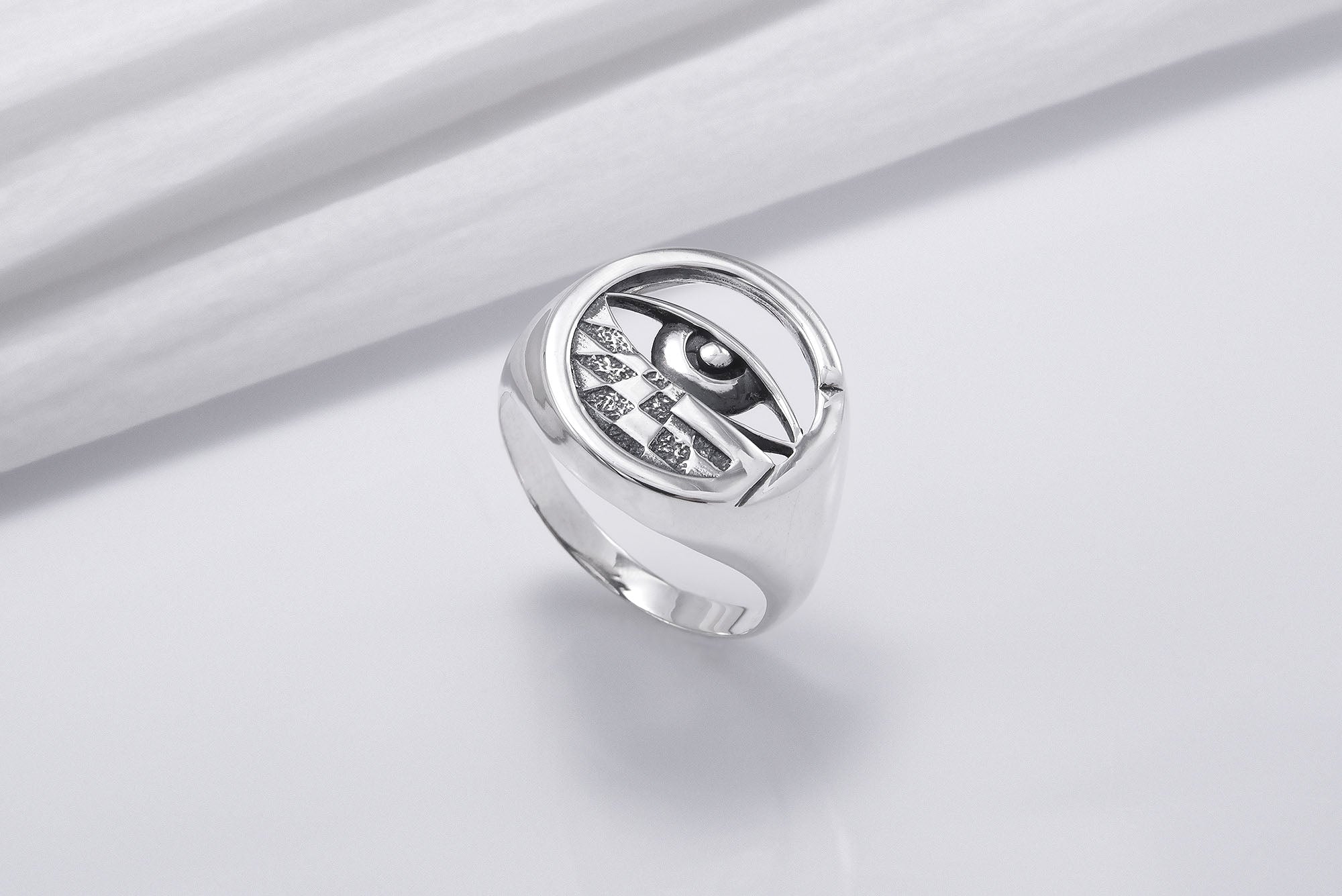 Sterling Silver All Seeing Eye Signet Ring with Chess Board, Handmade Mason Jewelry - vikingworkshop