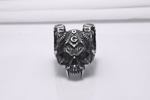 Sterling Silver Ram's Skull Ring with Square and Compasseses, Handmade Mason Jewelry - vikingworkshop