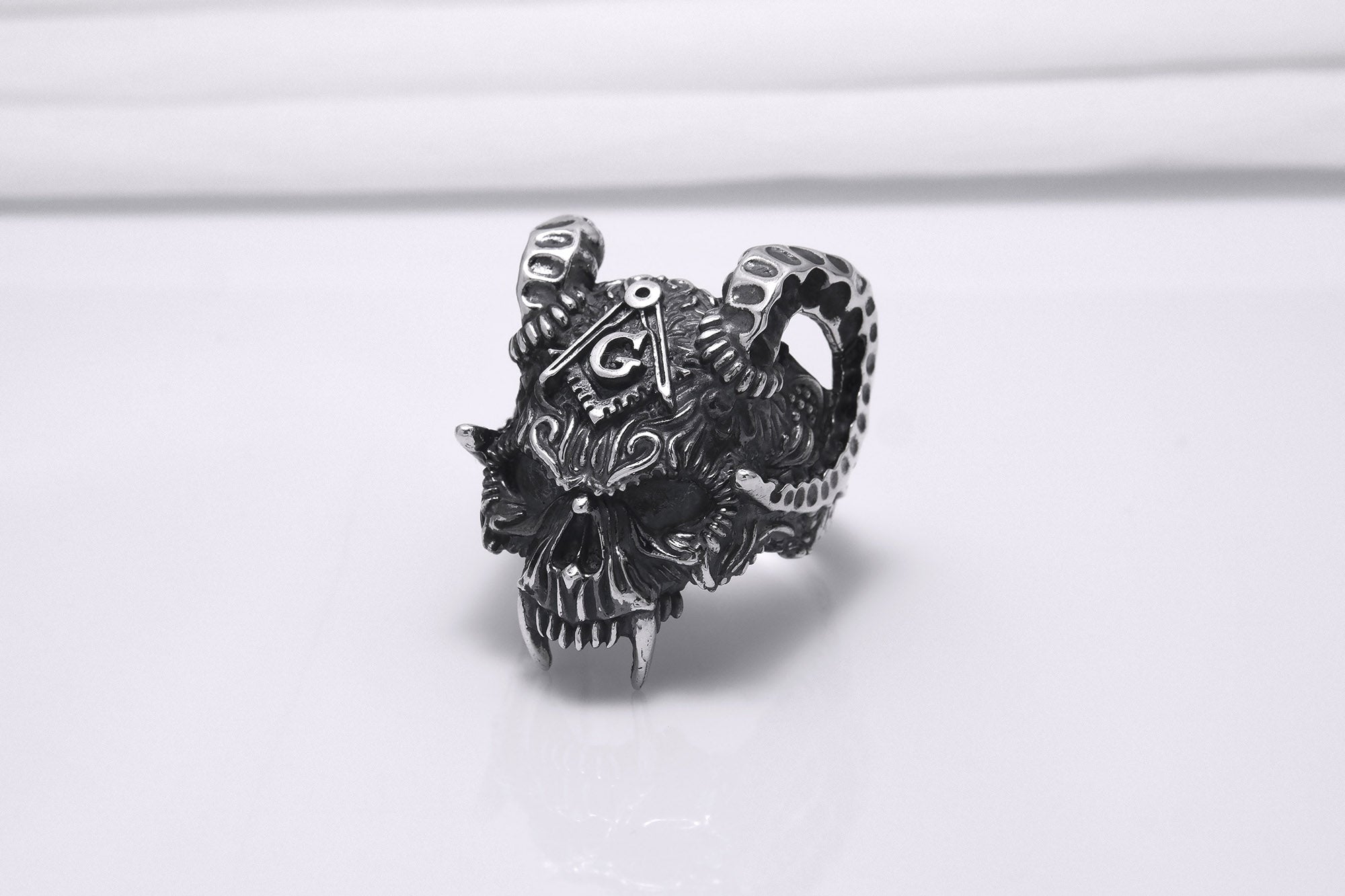 Sterling Silver Ram's Skull Ring with Square and Compasseses, Handmade Mason Jewelry