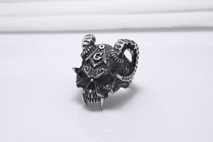 Sterling Silver Ram's Skull Ring with Square and Compasseses, Handmade Mason Jewelry - vikingworkshop